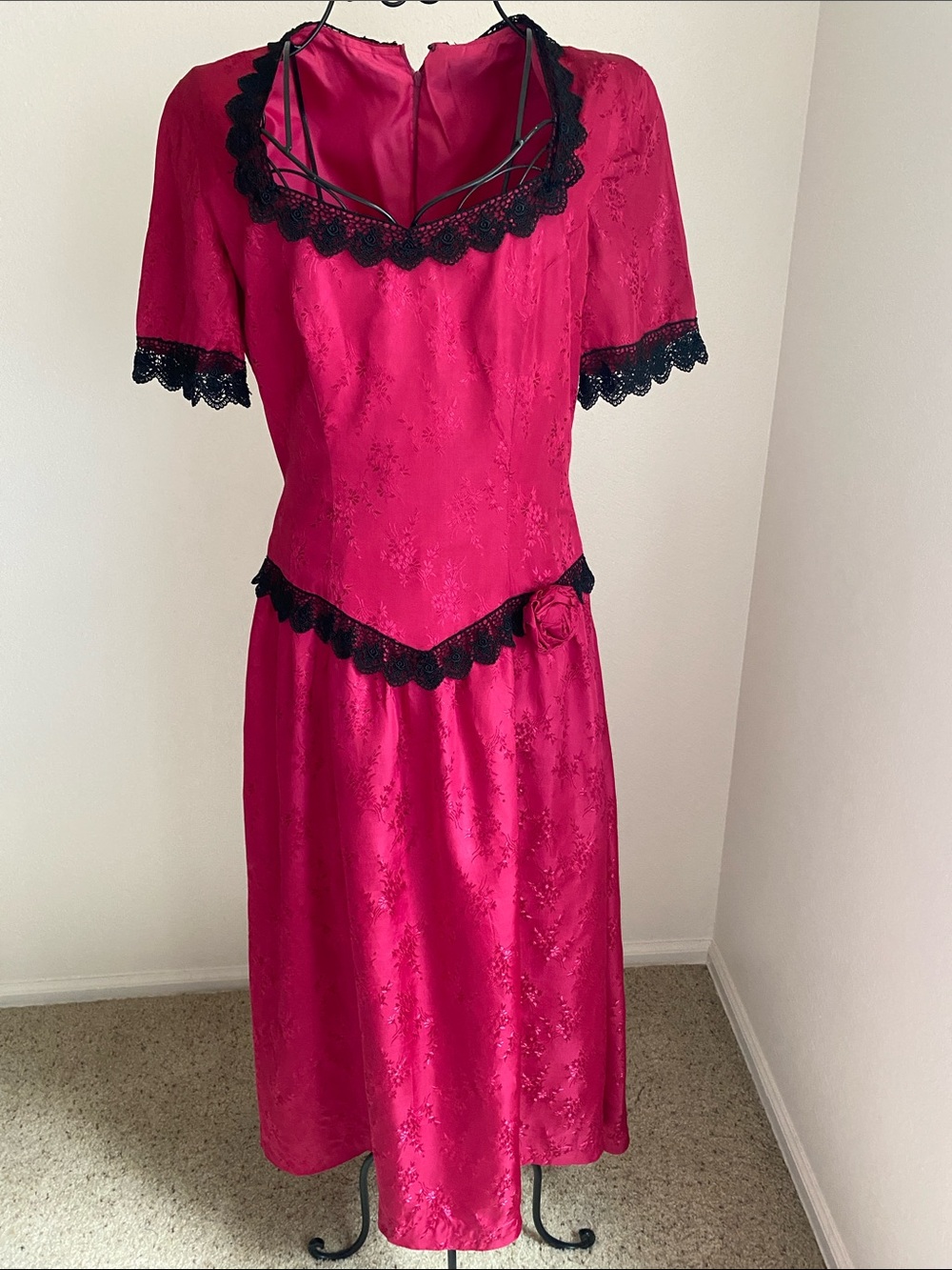 Vintage Fuchsia Lace-Trim Saloon Girl Dress